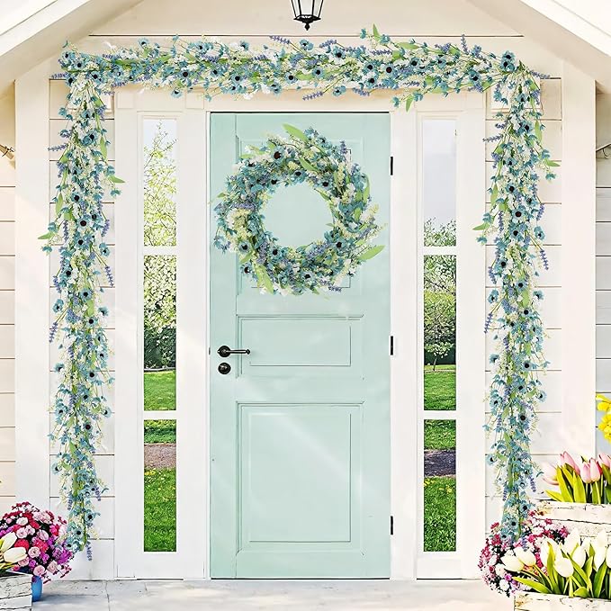 6FT Blue Flower Garland Fake Flowers Vines Faux Artificial Floral Garland Summer Spring Wreath Blueness with Green Leaves Wreaths Blue Daisy Artificial Grains Flower Wreath for Front Door Wreaths