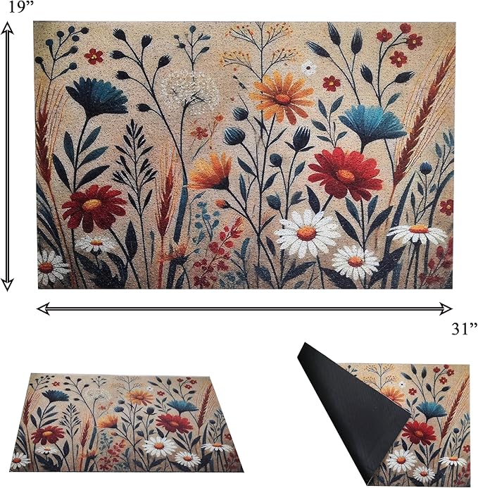 Outdoor Rug Door Mat, Welcome Mat, Non-Slip, 19'x31' (15.FlowerPattern)
