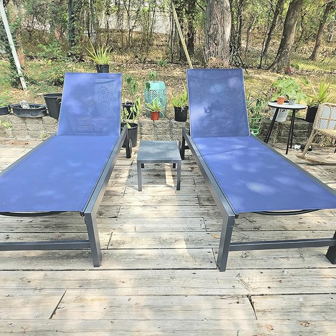 PURPLE LEAF Outdoor Chaise Lounge with Wheels for Outside 2 Pieces Aluminum Patio Lounge Chair with 5 Adjustable Position for Outdoor Beach Yard Pool Side Table Included Navy Blue