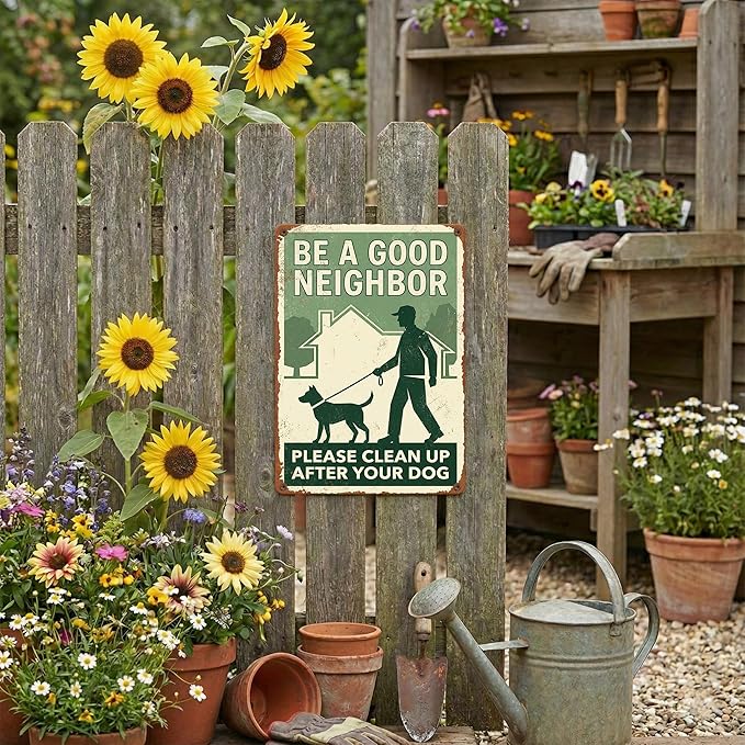 Polite Dog Poop Tin Sign - "Be A Good Neighbor Please Clean Up After Your Dog" Vintage Metal Yard Sign - 8x12 Aluminum Plaque for Lawn, Garden, HOA - Metal Sign Aesthetic Reminder