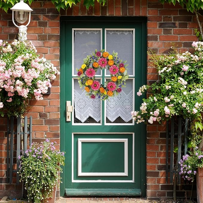 YNYLCHMX 18 inch Spring/Summer Front Door Ring Wreath, Simulated Colorful Daisy Petals, Suitable for Wall Window Farm Parties, Festivals, Home Decoration