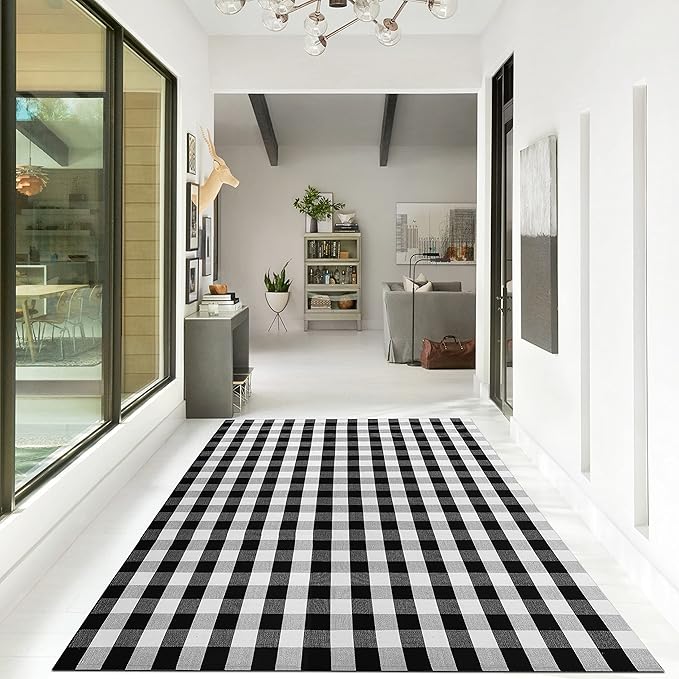 IOHOUZE Buffalo Plaid Checkered Rug 8x10 Ft Front Door Mats, Washable Area Rugs for Front Porch Decor, Spring Summer Welcome Mats Outdoor, Black White Rug for Farmhouse/Entryway/Home Entrance