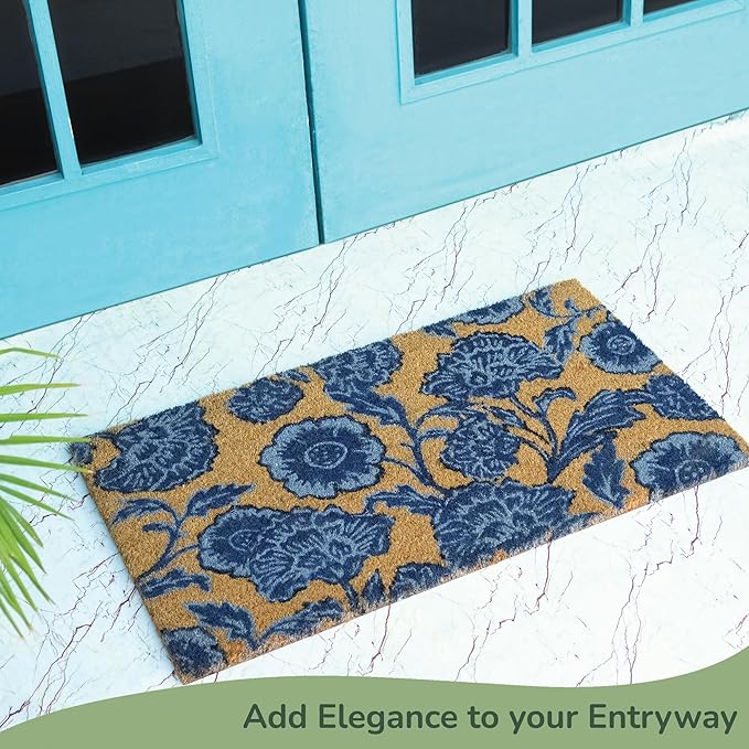Coir Door Mat, Floral Print Entryway Floor Mats with Non-Slip PVC Backing, Indoor Outdoor Mat for Front Door Decor, Door Mat, Welcome Mats with Chelsea Flower Print, Blue, 30”x 17”
