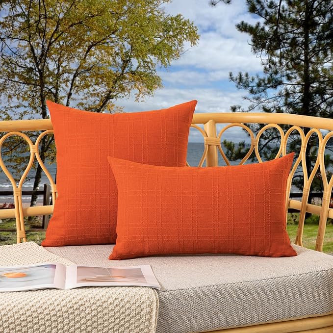Kevin Textile Fall Outdoor Waterproof Throw Pillow Covers Decorative Farmhouse Water Resistant Checkered Cushion Covers for Tent Patio Garden Couch Sofa Pack of 2 (16x16 Inch Orange)
