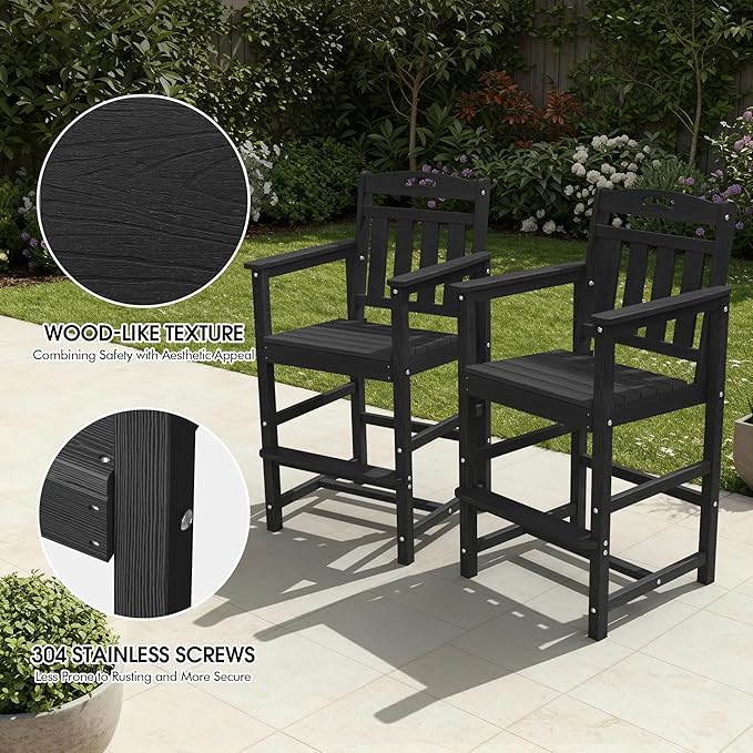 Ciokea Set of 2 Outdoor Tall Bar Chairs, 27" Bar Height Patio Stools with Arms & High Back, Heavy Duty All-Weather Adirondack Tall Chairs for Balcony, Poolside, Deck and Garden, Black