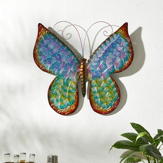 Glitzhome Metal Butterfly Wall Decor, 20 "H Colorful Metal Wall Art with Hand Painted Distressed Finish and 3D Embossed Texture, Outdoor Porch Patio Home Wall Accent