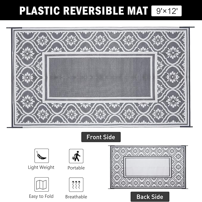 HUGEAR Outdoor Rug 9'x12' Patio Waterproof Mat Camping Carpet Outside Area Rug Reversible Grey Rugs for RV Deck Entryance Porch Picnic Balcony Beach