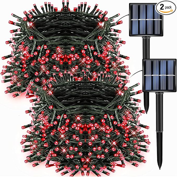 Dazzle Bright 2 Pack Total 400LED 132FT Red Christmas Solar String Outdoor Lights, Solar Powered with 8 Modes Waterproof Fairy Lights for Bedroom Patio Garden Tree Party Yard Decoration