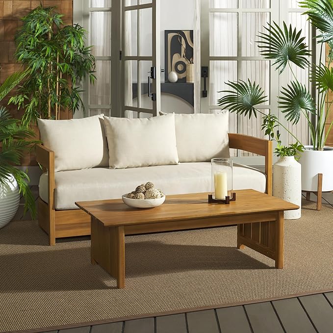 SAFAVIEH Outdoor Patio Furniture Collection - Kento Natural Wood 3-Seater Sofa with Taupe Cushions, Wide & Comfortable Deep Seating, Modern Design (PAT7098A)
