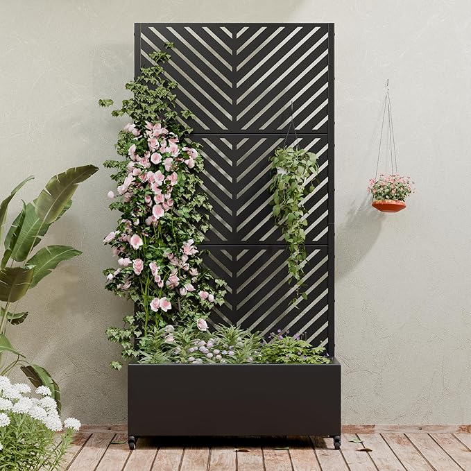 Casaphoria Metal Raised Garden Bed with Trellis and Wheels, 72"x35"x16" Planter Box for Climbing Plants, Vegetables & Vines, Features Drainage Holes and Privacy Screen, Black-Parallel