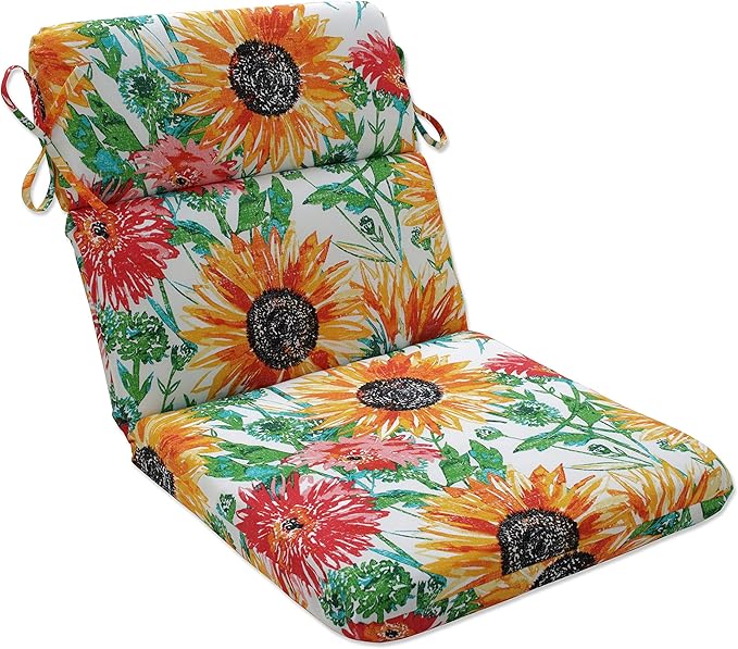Pillow Perfect Bright Floral Indoor/Outdoor 1 Piece Split Back Chair Cushion Set With Ties, 1 Count, 40.5" x 21", Yellow/Green Sunflowers