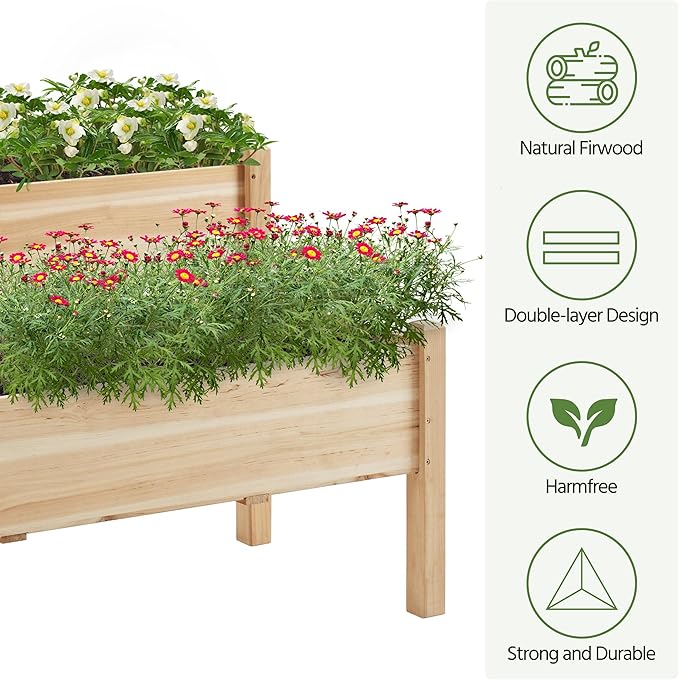 Yaheetech 47x41x30in Wooden Raised Garden Bed Horticulture Outdoor 2 Tiers Elevated Planter Grow Box for Herb with Legs & Drainage Holes