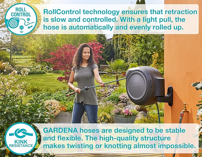 GARDENA (20500) Retractable Garden Hose Reel 50' x 1/2" hose, Wall Mounted, Automatic Retraction & Length Lock for Easy Watering. Heavy Duty Swivel Bracket 180°, Includes Nozzle. Made in Europe
