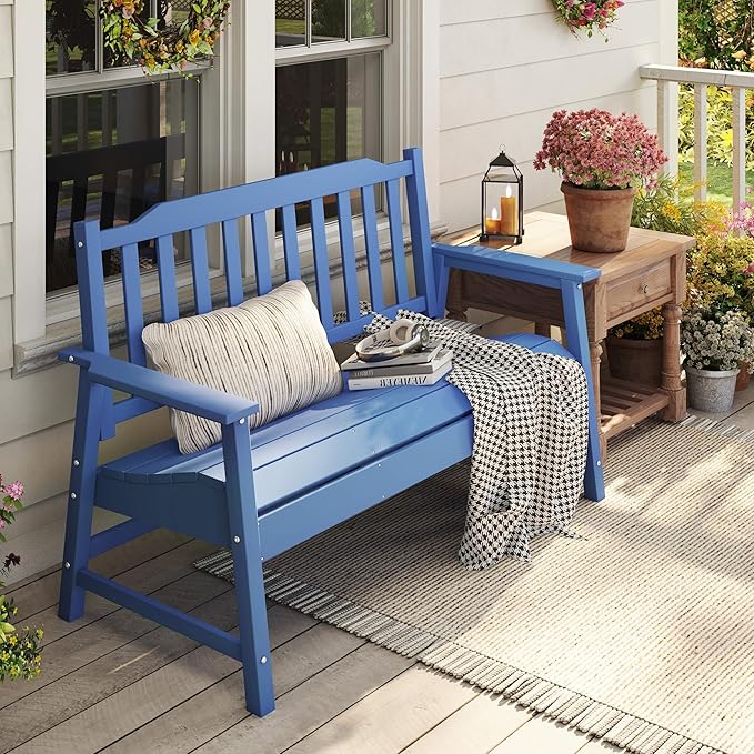HDPE Outdoor Bench, All-Weather Garden Bench with 700 lbs Weight Capacity, 2-Person Patio Benches for Garden, Porch, Backyard, Park, Navy Blue