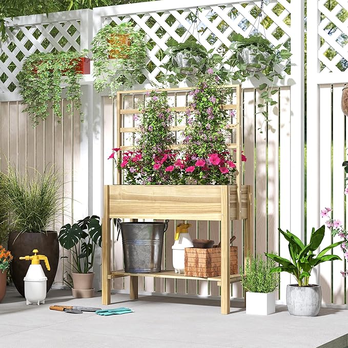 Outsunny Wooden Raised Garden Bed with Trellis, Elevated Planter Box with Storage Shelf, Drainage Holes and Liner, Outdoor Flower Box for Vegetables, Flowers, Herbs