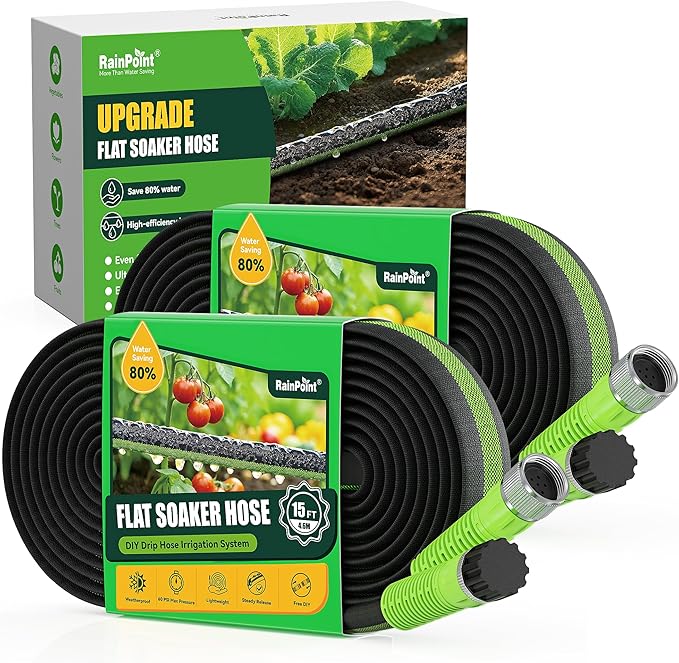 RAINPOINT Flat Soaker Hose 30FT for Garden, Drip Hose for Garden with Anodized Aircraft Aluminum Ends, Flexible & Lightweight Soaking Hose, Save 80% Water, Green(15FT X 2Pack)