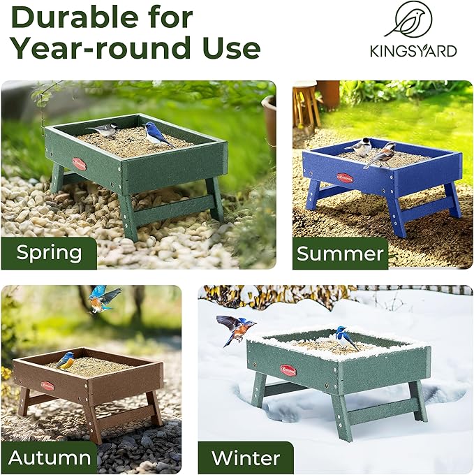 Kingsyard Ground Bird Feeder for Outdoors - Recycled Plastic Platform Feeder for Wild Birds, Squirrels, Chicken, 5 LBS Large Capacity, Green