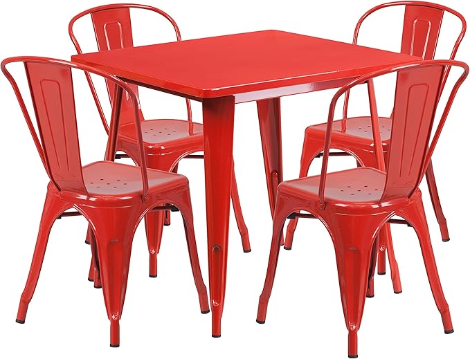 EMMA + OLIVER Commercial Grade 31.5" Square Red Metal Indoor-Outdoor Table Set-4 Stack Chairs