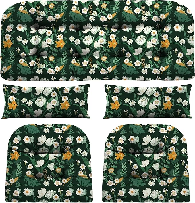 Wicker Chair Cushions of 5 Pieces, Waterproof Outdoor Loveseat Cushion for Wicker Furniture, 1 Love Seat Cushion, 2 U-Shape and 2 Lumbar Pillows for Patio Furniture (Green Flower)