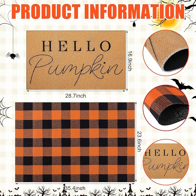 Tinideya 2 Pcs Fall Door Mat Thanksgiving Hello Pumpkin Welcome Non Slip Coir Mats Black Orange Buffalo Plaid Floor Layering Doormats Seasonal for Front Porch Entryway Decor(Black Orange)