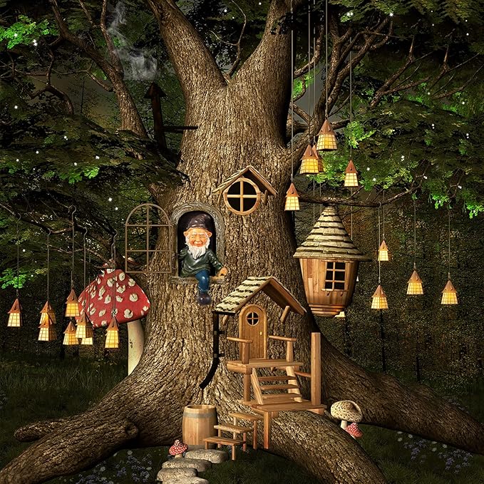 Thyle 4 Pieces Garden Gnomes Outdoor Tree Hugger Gnome Fairy Statue Elf Out The Door Resin Figurine Hanging Ladder Decoration Tree Faces Decor Outdoor for Patio Yard Lawn(Rustic Style)