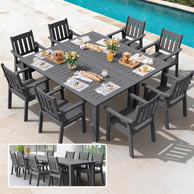 YEFU HIPS Patio Table Set: 10 Piece Outdoor Table and Chairs Dining Furniture Set with Umbrella Hole - Gray Modern Plastic Dining Sets 8 Person for Outside Deck with Metal Aluminum Frame