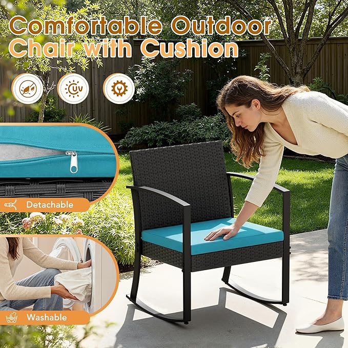 Greesum 3 Piece Patio Furniture Set, All-Weather Imitation Rattan Conversation Set, Outdoor Rocking Chair Bistro Set with Glass Top Coffee Table for Pool, Deck, Porch, Garden or Balcony, Blue