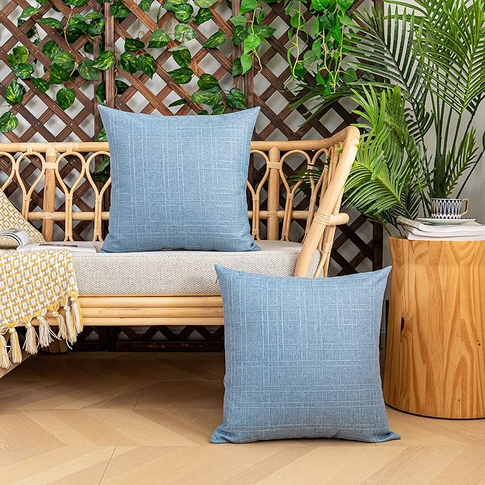 Kevin Textile Pack of 2 Decorative Outdoor Waterproof Checkered Pillow Covers Garden Cushion Sham Throw Pillowcase Shell for Patio Tent Couch 24x24 Inch Light Blue