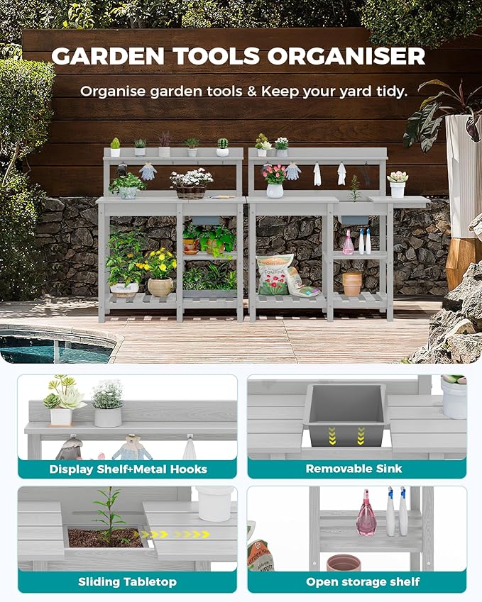 SERWALL Outdoor Potting Bench 2-Piece Set, Rot-Resistant HDPE Potting Table with Removable Sink for Outside Gardening, All-Weather Use - Spanish Gray