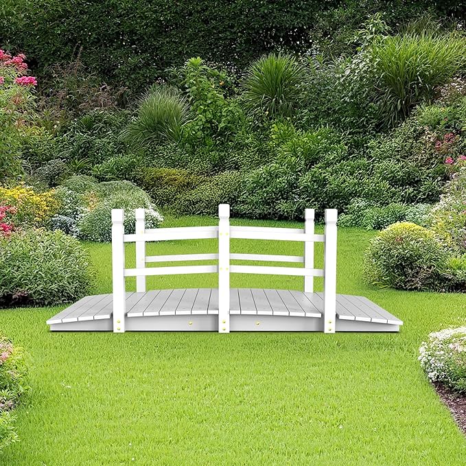 Outvita 5 ft Garden Wooden Bridge Arch Stained Finish with Safety Rails Outdoor Footbridge for Backyard Creek Farm, Decorative Pond Bridge