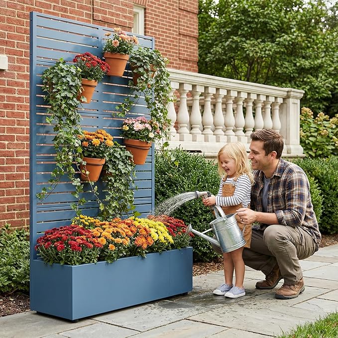 Casaphoria Metal Raised Garden Bed with Trellis and Wheels, 72"x47"x16" Planter Box for Climbing Plants, Vegetables & Vines, Features Drainage Holes and Privacy Screen, Blue-Louvered