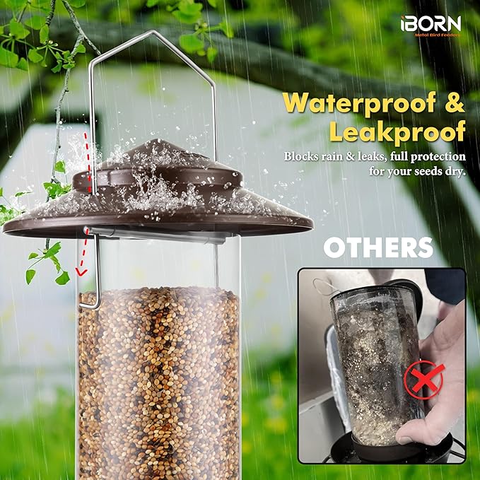 iBorn Bird Feeder Metal Squirrel Chew-Proof Bird Feeders for Outdoors Hanging for Cardinal Outside, Holds 1.5LB Seed with 3 Perchs, Bronze (Seed is not Included)