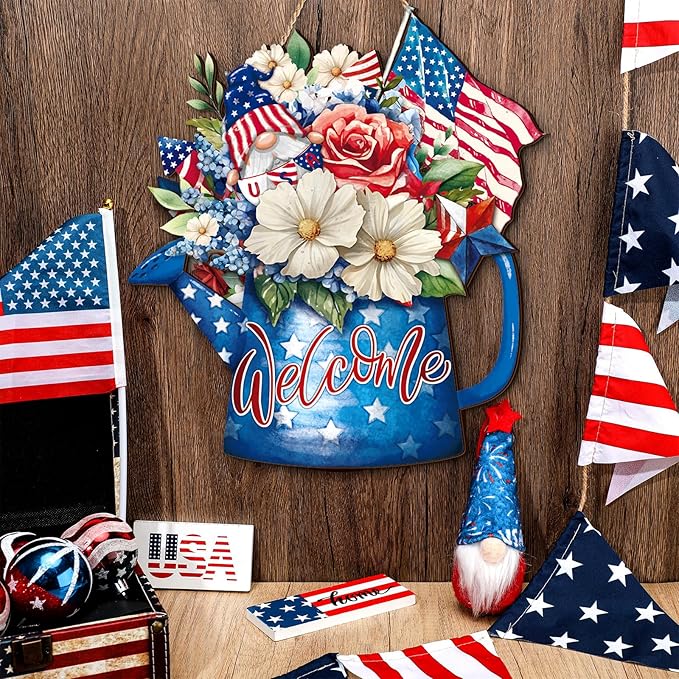 Juexica 4th of July Door Decor Patriotic Wooden Hanging Sign Independence Day Memorial Day Decoration American Flag Bouquet Door Hanger for Outdoor Farmhouse Porch