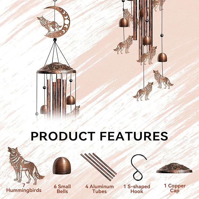 Wolf Wind Chimes for Outside, Decorative Wind Chimes Wolf Gifts for Women/Men, Memorial/Birthday Gifts, Garden Decor for Outside, Patio or Yard, Durable Chimes for Outdoors