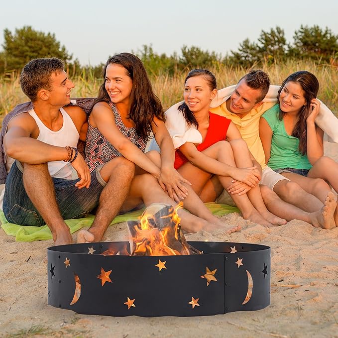 Sunnydaze 36-Inch Outdoor Fire Ring - Portable Metal Fire Pit Ring for Camping or Backyard - 360-Degree Moons and Stars Cutout - Big Sky