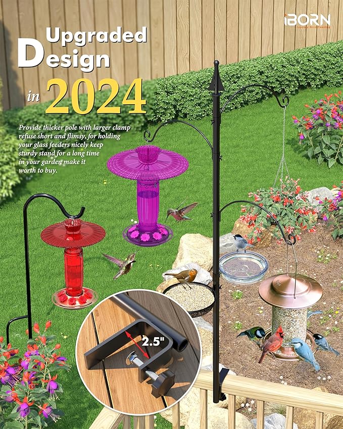 iBorn Shepherds Hooks for Outdoor Clamp On Deck Hook for 45“ Bird Feeder Hangers for Deck Railing Humming Bird Feeders Hanging Tri-Hooks+Feeder Trays 2024 Upgraded (Feeders are Not Included)
