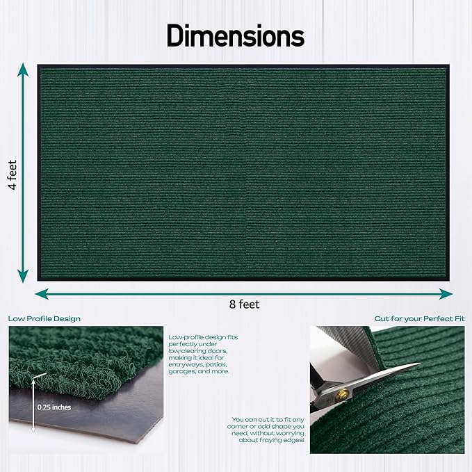 LuxUrux Striped Green Door Mat - Heavy Duty, Indoor/Outdoor, Easy Clean, Waterproof, Low-Profile (4 x 8 Feet) - Ideal for Entry, Patio, Garage - Durable Solution for High Traffic Entrance Way