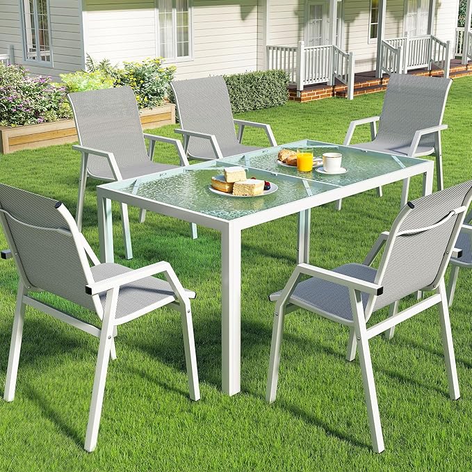 7 Piece Patio Dining Sets for 6, Outdoor Table and Chairs Set with 59in Patio Dining Table and 6pcs Textilene Chairs, All Weather Furniture Set for Backyard Deck Garden