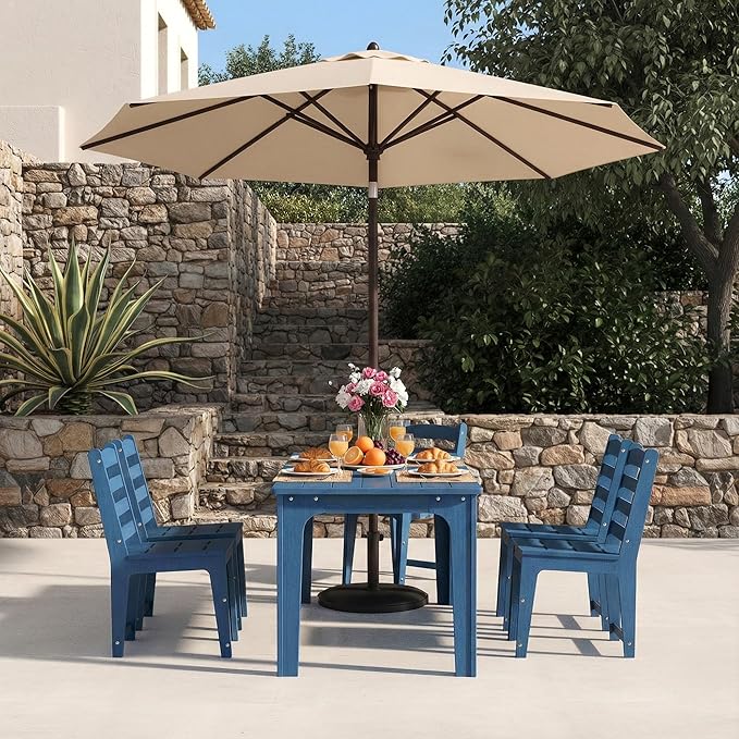 7-Piece HDPE Patio Dining Set, Weather-Resistant Outdoor Table with 2/1.5-Inch Umbrella Hole, Never Sagging One-Piece Tabletop with Metal Support Bars for Poolside Backyard Garden (Blue)