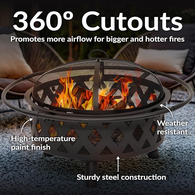 Sunnydaze Crossweave Outdoor Fire Pit - Wood-Burning Fire Pit for Outside with Spark Screen, Poker and Round Cover - 30-Inch - Black
