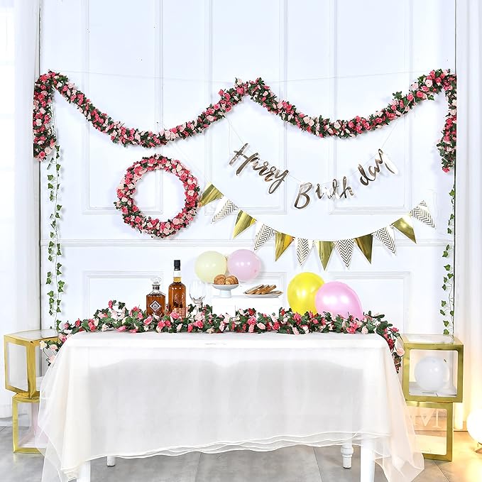 BLEUM CADE 8Pcs 65.6Ft Flower Garland Artificial Rose Vines for Bedroom, Cute Fake Hanging Flower Vines Floral Garland Decorations for Wedding Party Wall Room Decor Aesthetic