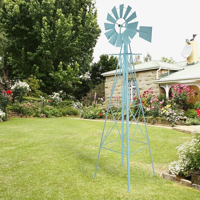 VINGLI 8FT Ornamental Windmill Backyard Garden Decoration Weather Vane, Heavy Duty Metal Wind Mill w/ 4 Legs Design,Light Blue