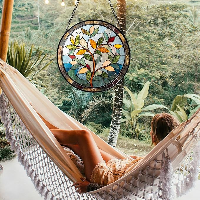 Stained Glass Window Hanging Colorful Tree of Life 6.3" - Plant Leaves Suncatcher Door Garden Sun Catcher Home Decor Birthday Christmas for Mom Men Woman Nana Friend