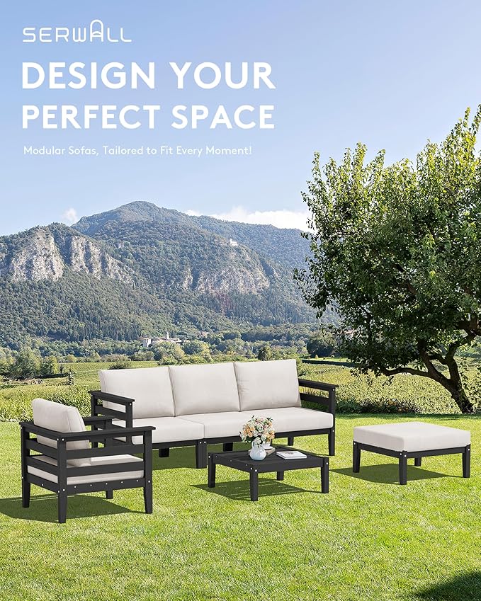 SERWALL HDPE Patio Furniture Set, 6 Pieces Outdoor Sectional Sofa Set, All-Weather Wood-Like Outdoor Sofa Couch with Coffee Table for Deck, Lawn, Black Frame with Khaki Cushion