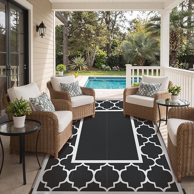GENIMO 5' x 8' Outdoor Rug Waterproof for Patio Decor, Foldable Reversible Plastic Straw Area Rugs Mat for Camper, Outside Carpet for Rv, Deck, Porch, Picnic, Beach, Balcony, Black & White