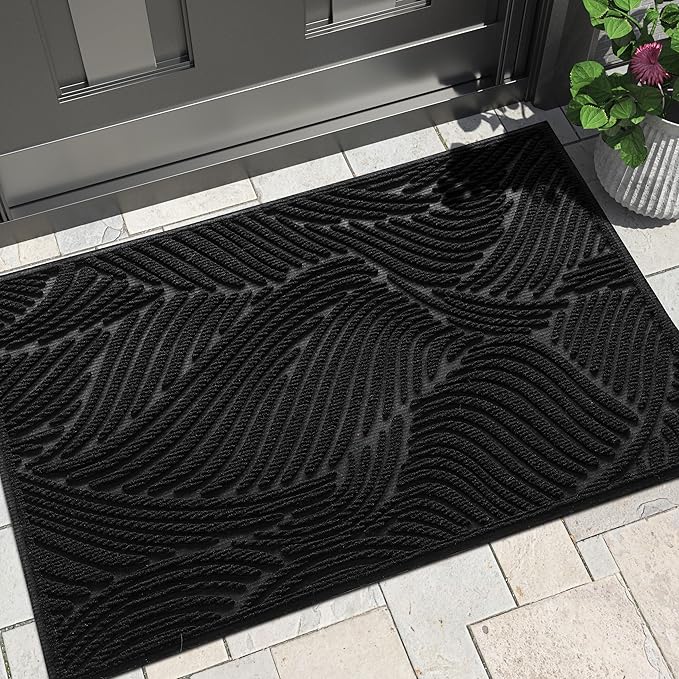 Yimobra Doormat Outdoor Entrance, Simple Stripes All-Weather Waterproof & Non-Slip Mat for Front Door, Heavy Duty Welcome Mat for Indoor, Garage, Patio-29.5x17, Black