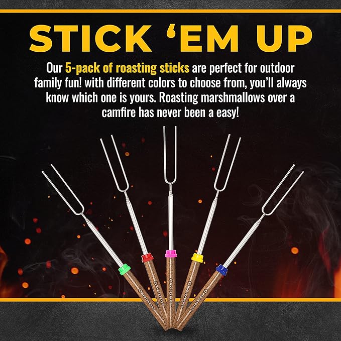 CORQUE Marshmallow Roasting Sticks, Smores Sticks, Extendable, Camping Skewer for Fire Pit, Wooden Handle, 32inch Metal for BBQ Hotdog, Cooking, Campfires, Bonfires, Set of 5