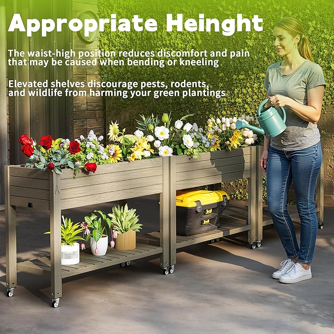 Elevated Raised Garden Bed with Wheels,Outdoor Large Resin Patio Planter Box Stand Divisible with Drain Plug,Water Monitor for Plants Vegetables Flowers Fruits(Grey,43.31 * 17.72 * 33.66)