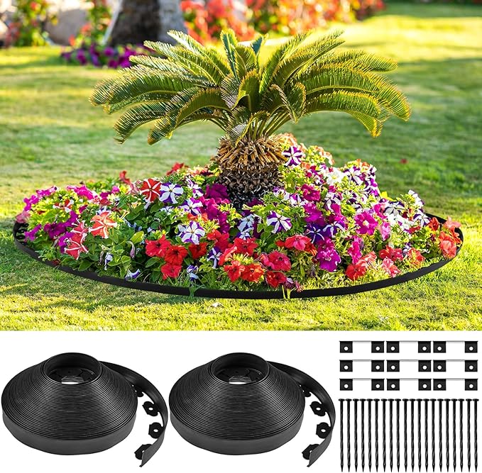 Sasylvia 2.5'' x 200' Landscape Edging Kit Edging Border Coil Include 120 Anchoring Spikes 10 Connectors Plastic Garden Border for Lawn Garden Grass Yard Home(Black)