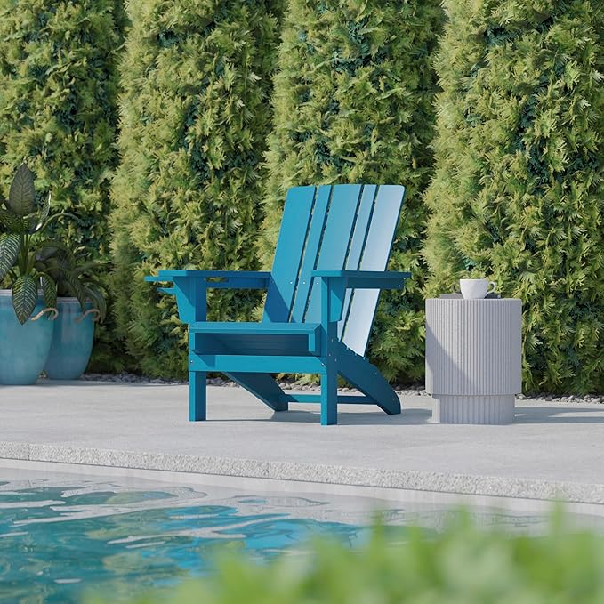Flash Furniture Halifax Adirondack Chairs with Cup Holders, Weather Resistant Poly Resin Adirondack Chairs, Set of 4, Blue
